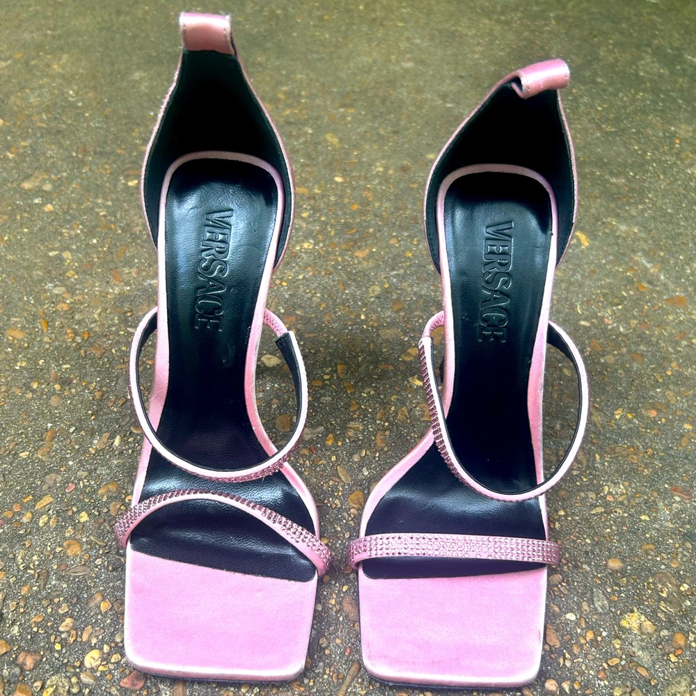 Versace Pink Satin Heels with Crystal Straps & Gold Emblem